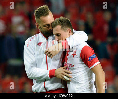 SK Slavia Prague team pose prior to the fourth round UEFA Europa League  match SK Slavia Praha vs Apoel Nikosie in Prague, Czech Republic, on  Wednesday, August 23, 2017. Upper row left