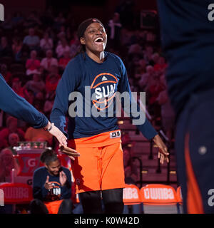 Uncasville, Connecticut, USA. 23 August, 2017. Connecticut Sun center Jonquel Jones (35) is introduced before the WNBA basketball game between the Dallas Wings and the Connecticut Sun at Mohegan Sun Arena. Connecticut defeated Dallas 93-87. Chris Poss/Alamy Live News Stock Photo