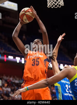 Uncasville, Connecticut, USA. 23 August, 2017. Connecticut Sun center Jonquel Jones (35) shoots during the WNBA basketball game between the Dallas Wings and the Connecticut Sun at Mohegan Sun Arena. Connecticut defeated Dallas 93-87. Chris Poss/Alamy Live News Stock Photo