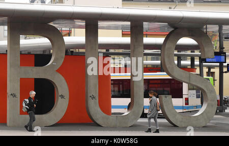 The letters for 'Bus' pictured at Jena's bus station, directly across from the main rail station, in Jena, Germany, 24 August 2017. Photo: Jens Kalaene/dpa-Zentralbild/dpa Stock Photo