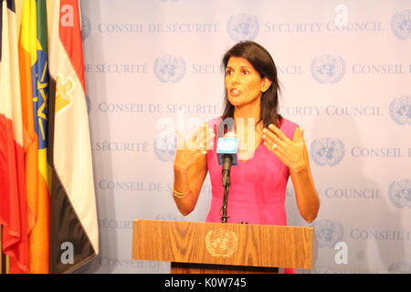 UN, New York, USA. August 25, 2017. Nikki Haley, US Ambassador to the UN, briefed reporters on Iran, Lebanon, and President Trump's visit to UN General Assembly next month. Photo: Matthew Russell Lee / Inner City Press/Alamy Live News Stock Photo