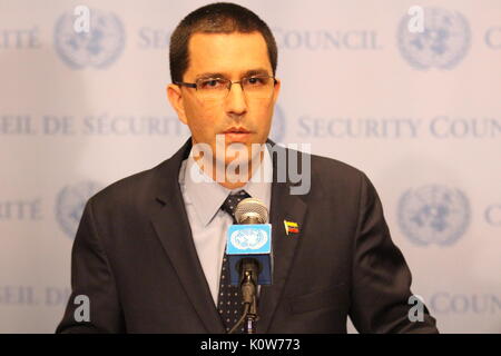 UN, New York City, USA. 25th Aug, 2017.  Venezuela's Foreign Minister Jorge Arreaza denounced new U.S. sanctions, after his meeting with UN Sec-Gen Antonio Guterres. Photo: Matthew Russell Lee/Inner City Press Stock Photo