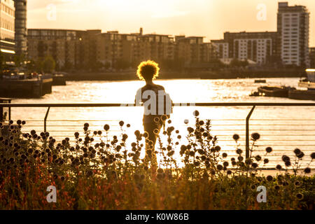 London, UK. 25th August, 2017.UK Weather: Warm evening sunset at Greenwich pier. Credit: Guy Corbishley/Alamy Live News Stock Photo