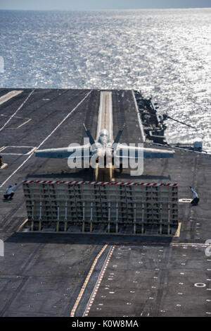 170821-N-NQ487-180  ATLANTIC OCEAN (Aug. 21, 2017) An F/A-18F Super Hornet assigned to the 'Checkmates' of Strike Fighter Squadron (VFA) 211 prepares to launches from the aircraft carrier USS Harry S. Truman (CVN 75). Harry S. Truman is underway conducting flight deck certifications in preparation for future operations. (U.S. Navy photo by Mass Communication Specialist Seaman Kaysee Lohmann/Released) Stock Photo