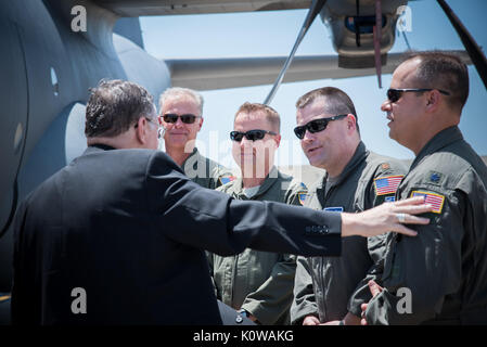 The Bishop of Biloxi, Bishop Louis Kihneman, blesses the 403rd Wing's fleet of aircraft Aug. 17, 2017 at Keesler Air Force Base, Mississippi. Kihneman visited the 403rd Wing to learn more about its mission. (U.S. Air Force photo/Staff Sgt. Heather Heiney) Stock Photo