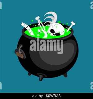 Pot with magical potion and bones and skull. Witch accessory. Halloween illustration. Stock Vector