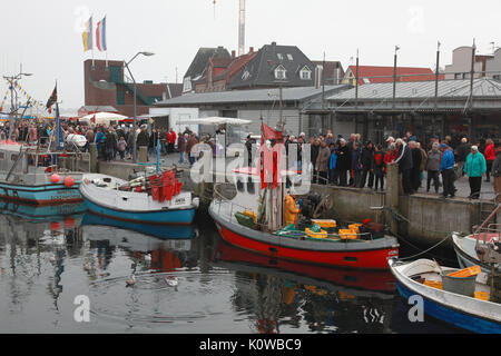 The market and tourists watching a fisherman at work in Eckernförde old harbour, on the Baltic, in northern Germany Stock Photo