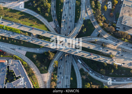 Los Angeles Hollywood 101 and Harbor 110 four level freeway interchange in Southern California. Stock Photo