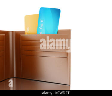 3d illustration. Close up view of credit cards in leather wallet. Concept of payment. Isolated white background Stock Photo