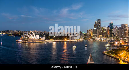 Circular Quay and The Rocks at dusk, skyline with Sydney Opera House, Opera, Financial District, Banking District, Sydney Stock Photo