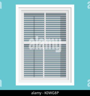 Closed window with horizontal blinds. Isolated on blue background.Flat vector illustration. Stock Vector