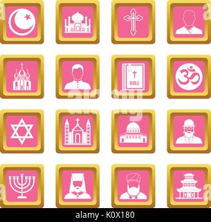 Religious symbol icons set in pink color isolated vector illustration for web and any design Stock Vector
