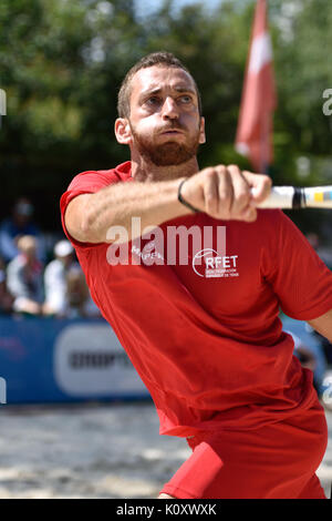 Moscow, Russia - July 16, 2015: Gerard Rodriguez of Spain in the match of the Beach Tennis World Team Championship against San Marino. Spain won the m Stock Photo