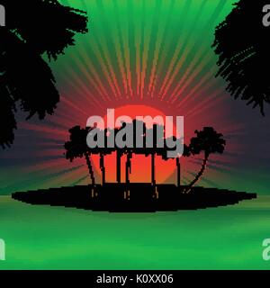 Silhouette of Tropical Island with Palm Trees Over Red and Green Sunset Stock Vector