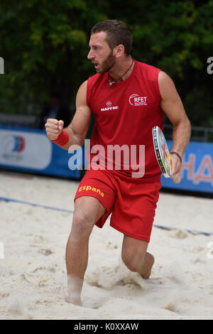 Moscow, Russia - July 19, 2015: Gerard Rodriguez of Spain in the match for 3rd place of the Beach Tennis World Team Championship against Brazil. Spain Stock Photo