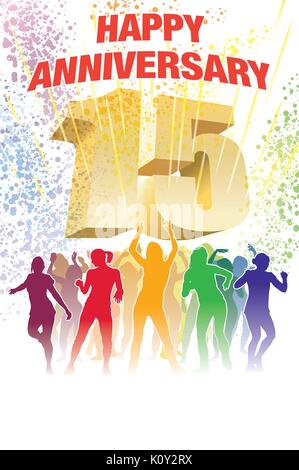 Colorful crowd of dancing people celebrating fifteenth anniversary Stock Vector