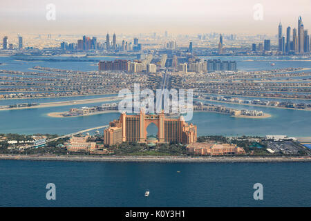 Dubai Atlantis Hotel The Palm Jumeirah Island aerial view photography UAE Stock Photo