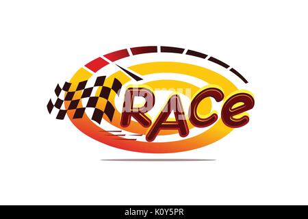 rece logo, swirl with speed meter and checkered flag illustration, illustration design, isolated on white background. Stock Vector