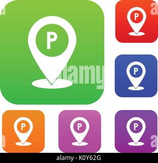 Map pointer with car parking sign set collection Stock Vector