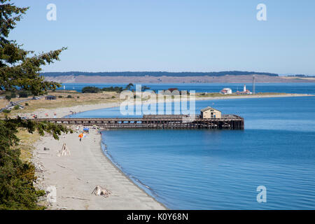 Beach and lighthouse, Fort Worden State Park, Port Townsend, State of Washington, USA, America Stock Photo