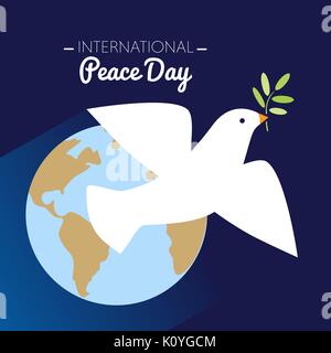 International peace day dove flying with olive branch and Earth in the background. Vector illustration Stock Vector