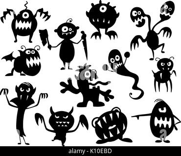 Hand drawing illustration set of cute halloween monster silhouettes. Stock Vector