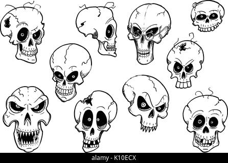 Set of cute hand drawing illustration of halloween human skull designs. Stock Vector