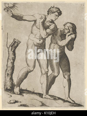 Adam and Eve expelled from the Garden of Eden on a stained glass window ...