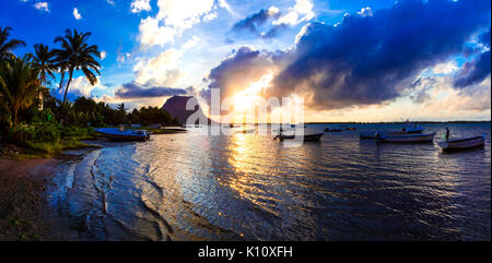 Beautiful Le Morne beach over sunset,Mauritius island. Stock Photo