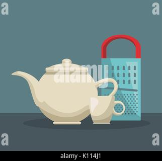 color poster of set teapot and porcelain cup with metallic grater Stock Vector
