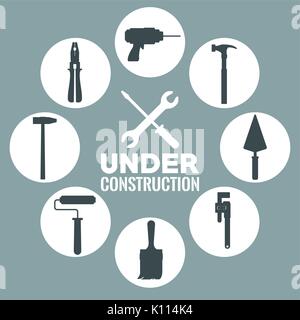 monochrome background with circular frame with silhouette of tools with closeup in center of screwdriver crossed of wrench text under construction Stock Vector