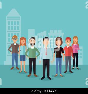 color background with full body group people standing and city landscape silhouette behind Stock Vector