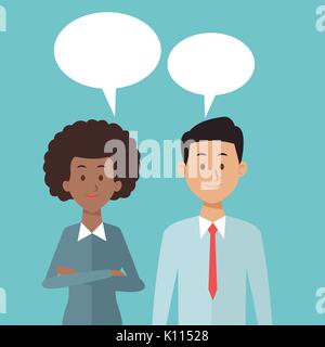 color background with set dialogue boxes and half body couple people Stock Vector