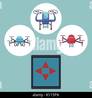 color background with circular frame set icons of quadrocopters and drones with closeup remote control of tech device Stock Vector