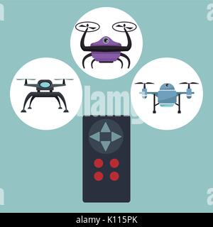 color background with circular frame set icons of quadrocopters and drones with closeup remote control with buttons Stock Vector
