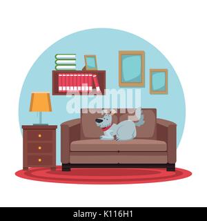 white background with circular colorful scene dog sleep in sofa Stock Vector