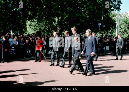 London, UK, 6th September, 1997. Funeral of Diana, Princess of Wales.(From L to R) Prince Philip, Prince William, Earl Spencer, Prince Harry and Prince Charles are pictured in Horse Guards Road as they walk behind the gun carriage carrying Princess Diana's coffin. Stock Photo