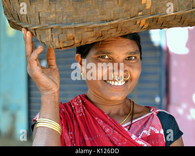 Indian Adivasi woman (Dongria Kondh tribe) with three golden nose rings and golden tribal earrings balances a heavy basket on her head. Stock Photo