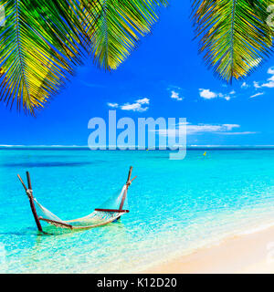 Tropical paradise,view with azure sea,hammock and palm tree,Mauritius island. Stock Photo