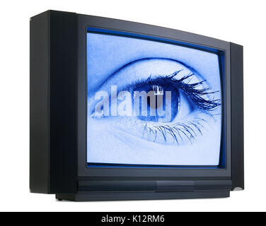 Old fashioned television with green iris eyes isolated on white with clipping path Stock Photo