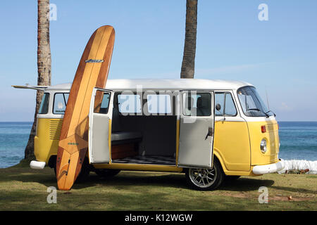 Playa del Encuentro, Cabarete (Dominican Republic). A vintage Volkswagen van completely restored is seen on the Encuentro Beach (Playa Encuentro) DR. Stock Photo