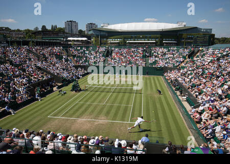 General view of Court 2 with Simone Bolelli and Jo-Wilfred Tsonga in action at the Gentlemen's Singles - Wimbledon Championships 2017 Stock Photo