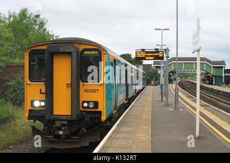 Arriva Trains Wales Class 150 150227 DMU train at Bridgend Station, Wales, UK, awaiting next stopping service to Aberdare on 29th June 2017 Stock Photo