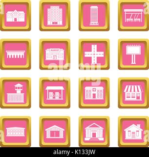 City infrastructure items icons pink Stock Vector