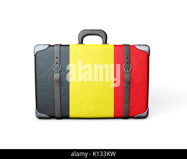 Belgium flag on a vintage leather suitcase. 3D Rendering Stock Photo