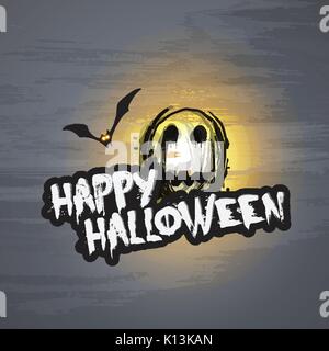 Dark Abstract Halloween Card or Background Design Template with Skull on a Happy Halloween Banner and Flying Bat Under Full Moon - Editable Vector Stock Vector