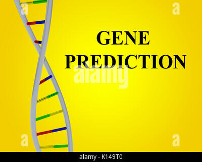 3D illustration of 'GENE PREDICTION' script with DNA double helix , isolated on red gradient. Stock Photo
