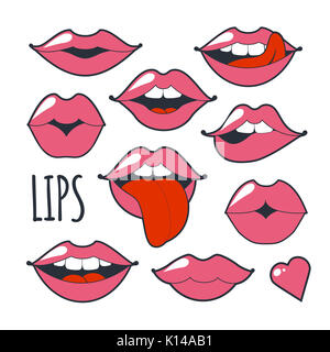 Set glamorous quirky icons. Bright pink makeup kiss mark. Passionate lips in cartoon style of the 80 s and 90 s isolated on white background. Fashion  Stock Photo