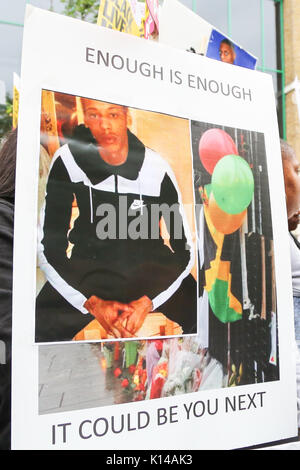 Campaigners hold a vigil outside Stoke Newington Police Station in Hackney, East London, demanding 'justice' for Rashan Charles who died after being chased by police officers in the early hours of 22 July  Featuring: Atmosphere Where: London, United Kingdom When: 24 Jul 2017 Credit: Dinendra Haria/WENN.com Stock Photo