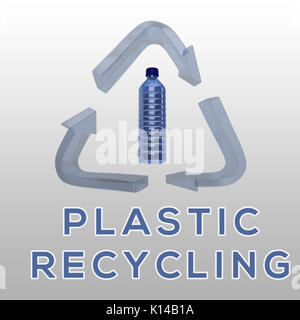 3D illustration of 'PLASTIC RECYCLING' title with plastic bottle in a recycling symbol as a background Stock Photo